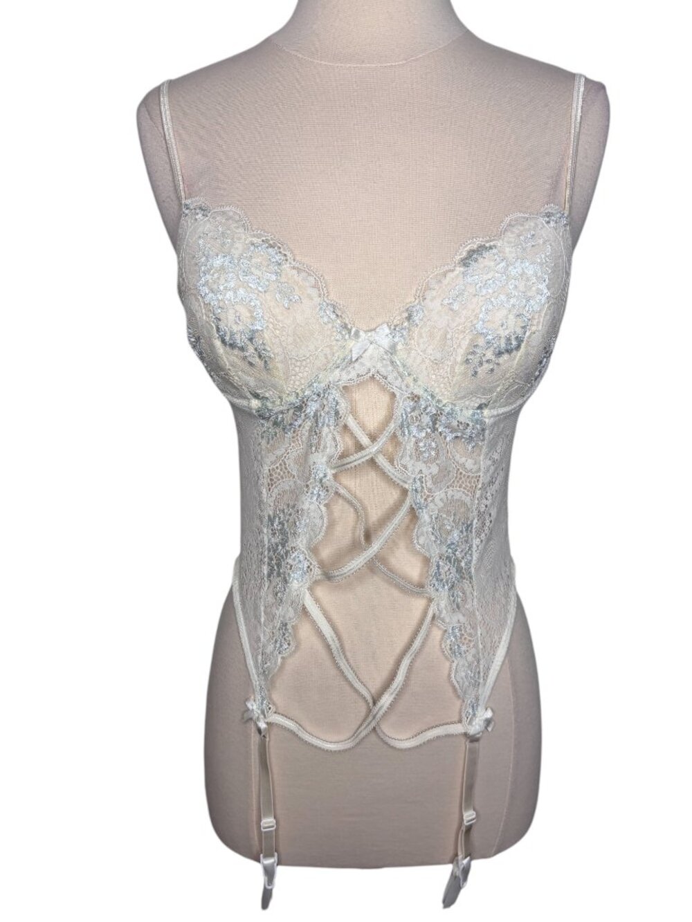 Victoria's Secret Sexy Little Things Y2K Ivory Blue Lace Underwire Bustier 36C